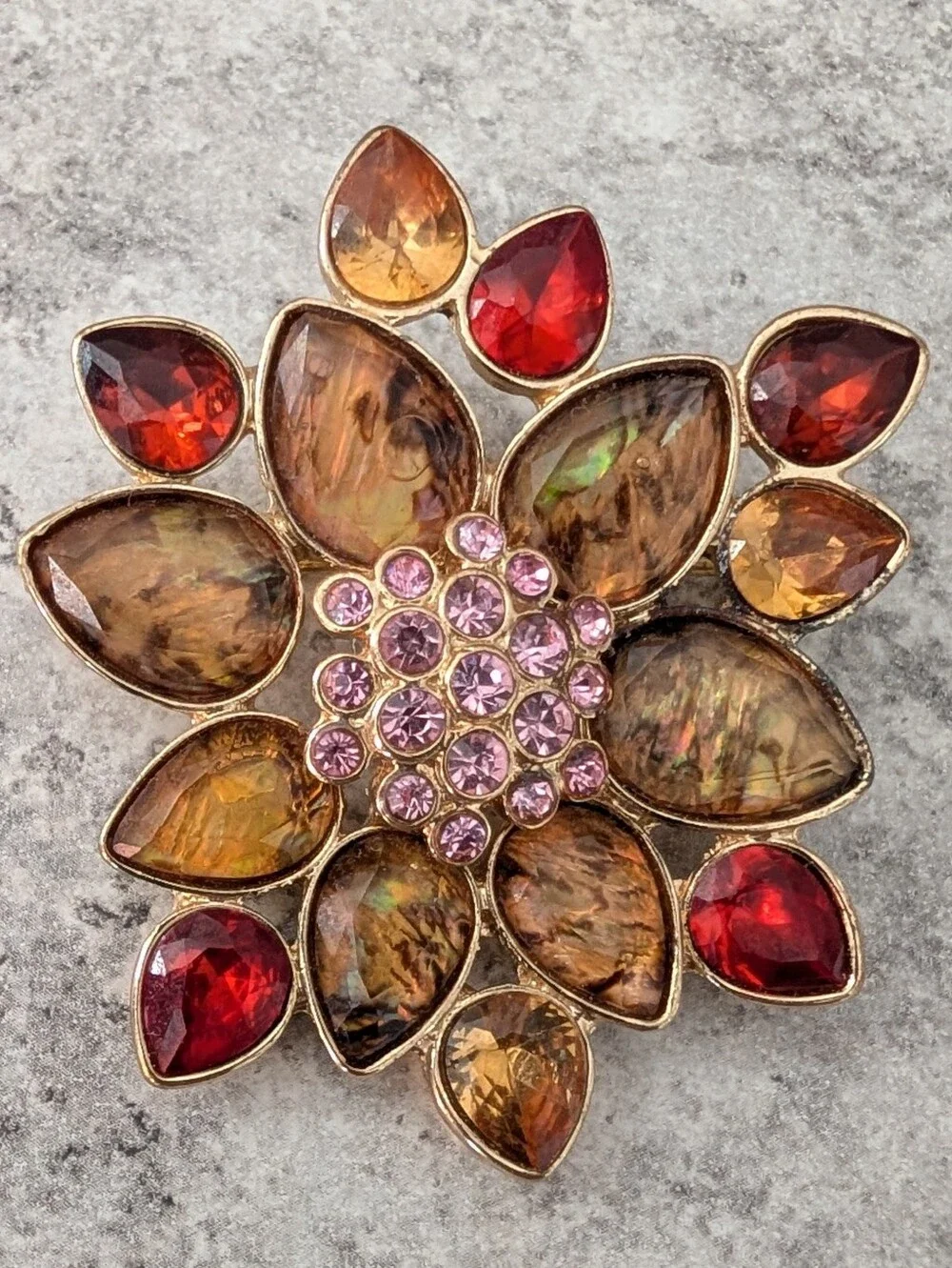 Vintage Floral Brooch with Amber, Red and Pink Stones
